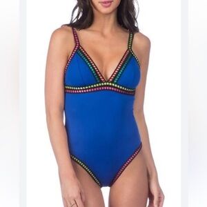 La Blanca Blue One Piece Swimsuit with Multicolor Trim